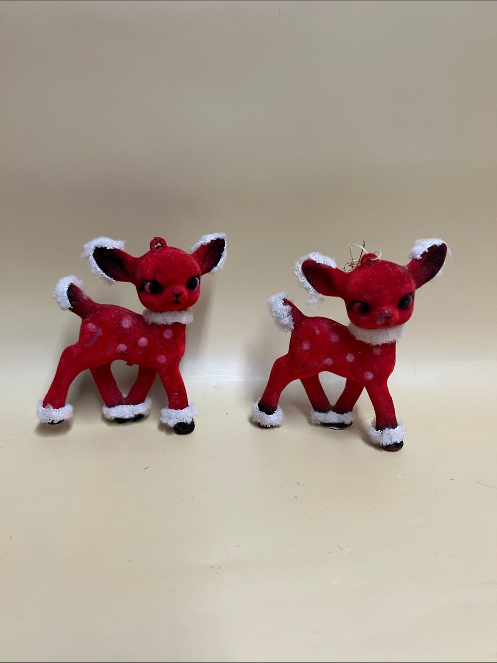 Two Vintage Red Flocked Reindeer Christmas Figures Ornament tree
